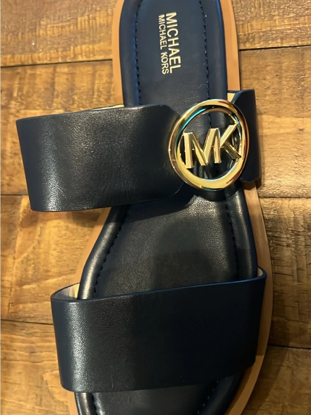 Michael Kors Navy Leather Slide Sandals with Gold Logo size 8.5